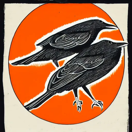 Prompt: illustration of the outlines of two crows setting on branch with orange half circle background