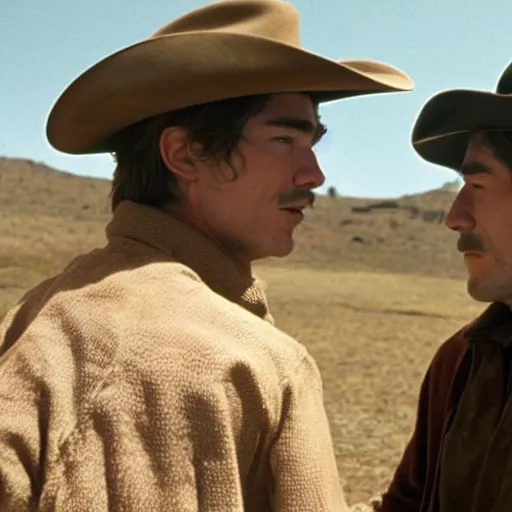 Prompt: a romantic scene from brokeback mountain starring josh hartnett as ennis del mar and jake gyllenhaal as jack twist