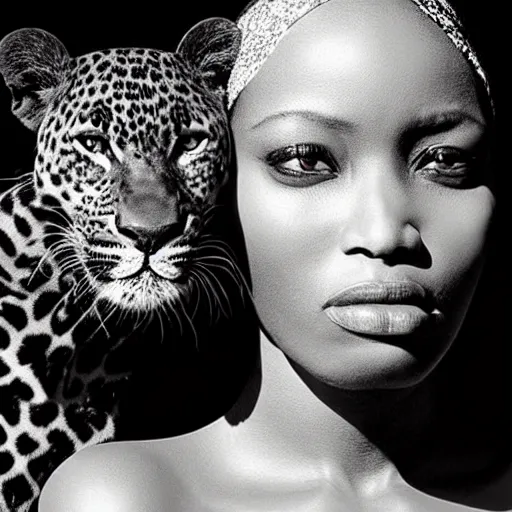 Prompt: a beautiful african lady and the black leopard, black and white, by richard avedon,