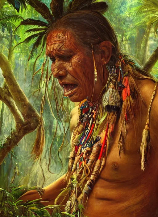 Image similar to a beautiful painted portrait of an indigenous shaman chanting in the jungle, matte painting, fantasy art, ayahuasca