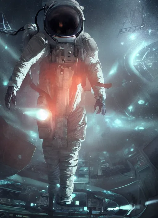 Prompt: poster art by craig mullins astronaut in futuristic dark and empty spaceship underwater. infrared glowing lights. complex and hyperdetailed technical suit. reflection and dispersion materials. rays and dispersion of light. volumetric light. 5 0 mm, f / 3 2. noise film photo. flash photography. unreal engine 4, octane render. interstellar movie art