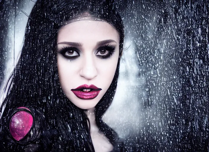 Image similar to closeup portrait of emo vampire goth ariana grande standing in the rain in a dark cyberpunk city, heavy make - up running down face, neon reflections in the puddles, portra 4 0 0 candid photograph portrait by annie leibovitz, 3 5 mm macro shot, f / 3 2, hyperrealistic, cinematic lighting, hd wallpaper, 8 k, 4 k
