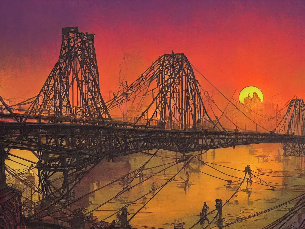 Prompt: howrah bridge, calcutta, sunset, cyberpunk, neon illustration, art by alphonse mucha and tian zi and WLOP