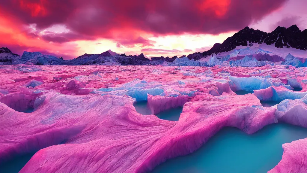 Image similar to amazing landscape photo of a pink glacier with lake in sunset by marc adamus, beautiful dramatic lighting