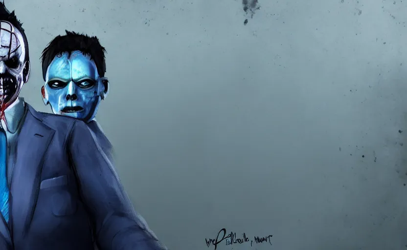 Image similar to cinematic view of a dead by daylight killer lawyer wearing a blue business suit, character portrait, digital art