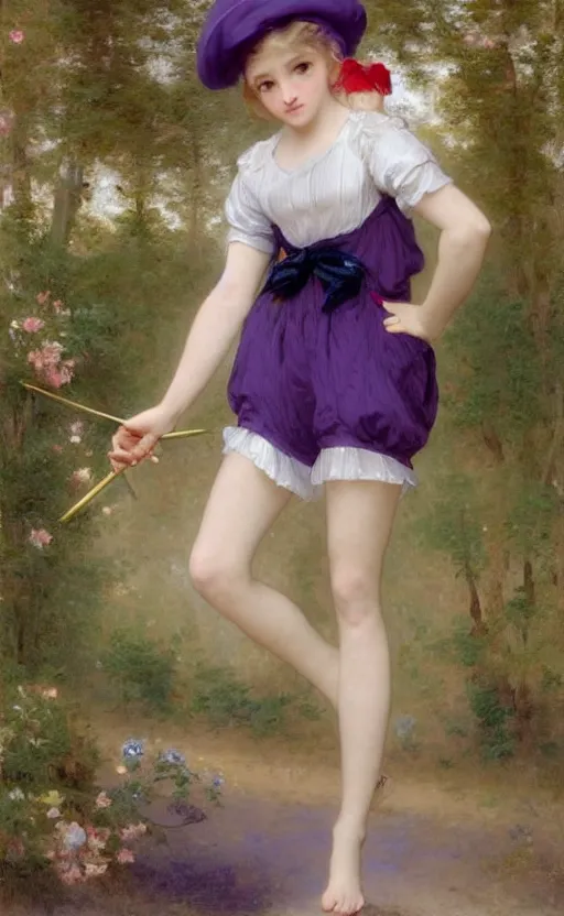 Image similar to A full body image of a cute magical girl with short blond hair wearing an oversized purple Beret, Baggy Purple overall shorts, Short Puffy pants made of silk, pointy jester shoes, a big billowy scarf, Golden Ribbon, and white leggings Covered in stars. Short Hair. Sunlit. Haute Couture. Art by william-adolphe bouguereau and Paul Delaroche and Alexandre Cabanel and Lawrence Alma-Tadema and Johannes Helgeson and WLOP. Smooth. Elegant. Highly Detailed. Intricate. Surrounded by clouds. 4K. UHD. Denoise.