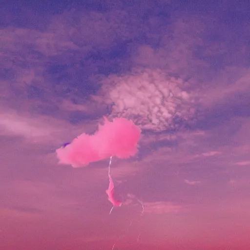 Image similar to A pink cloud raining down fishes