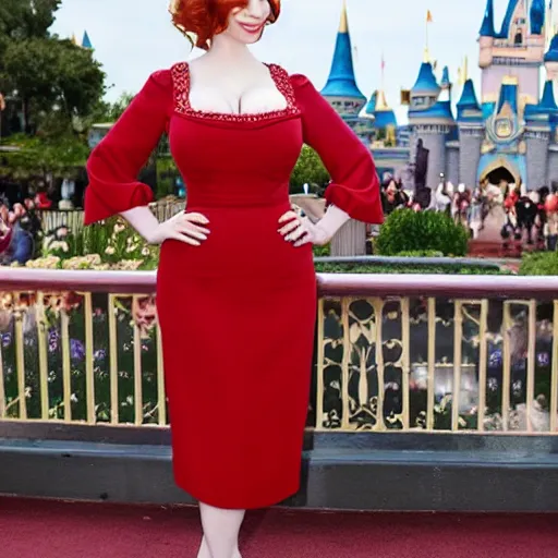 Prompt: christina hendricks in disney land,