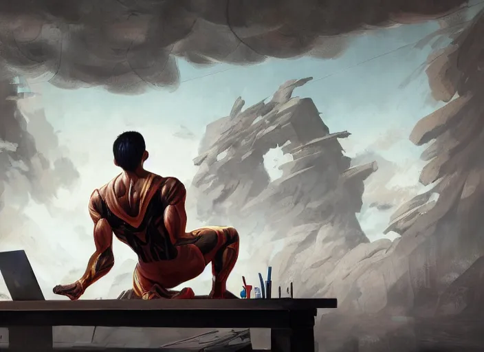 Image similar to an insanely detailed painting of an asian man wearing a homemade superhero costume, sitting at a desk, staring seriously at the computer and typing, in the style of peter mohrbacher, james jean, rutkowski, dramatic lighting and composition, surreal background, octane render, pixar, trending on artstation, concept art, comic book, view from behind, 8 k