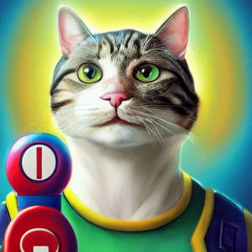 Prompt: Portrait of a Cat as Super Mario, Nintendo, super mario bros poster, highly detailed, digital painting, artstation, concept art, smooth, sharp focus, illustration, art by artgerm and greg rutkowski and alphonse mucha