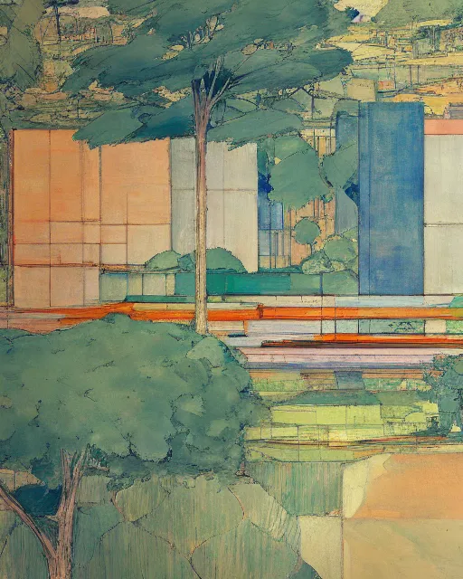 Image similar to reclaimed by nature by richard diebenkorn, wallpaper, highly detailed, trending on artstation.