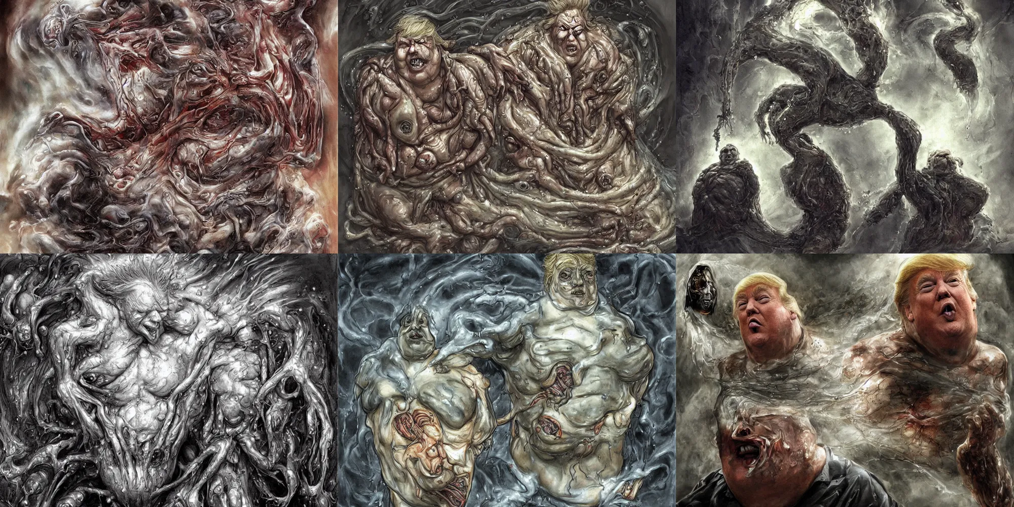 Prompt: cinematic photo,!!!! donald trump + baron harkonnen hybrid hovering and dripping goo inside house harkonnen!!!!,! monster anatomy!, ( ( in the style of dom qwek and john howe ) ), anatomical, detailed, light fog