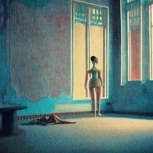 Image similar to a lonely girl in an haunted liminal abandoned room, film still by wes anderson, depicted by balthus, limited color palette, very intricate, art nouveau, highly detailed, lights by hopper, soft pastel colors