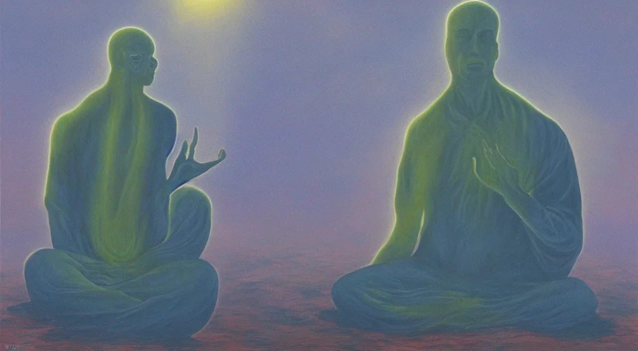 Image similar to alex grey painted style a lonely silhouette of a meditating monk sitting in the fog on a stone protruding from the water in the rays of the morning sun