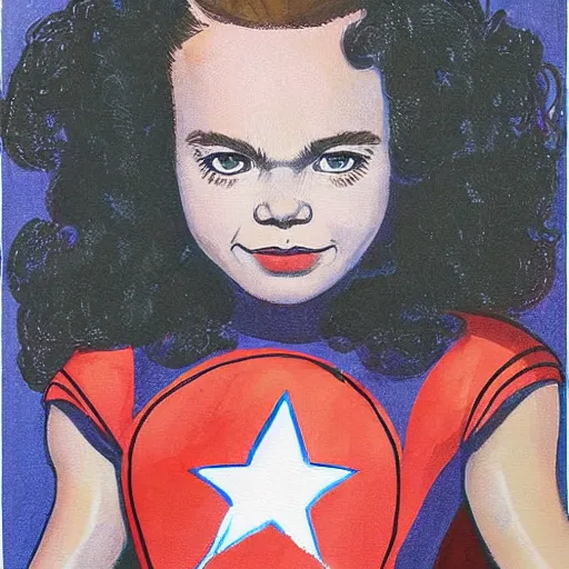 Prompt: a little girl with a mischievous face and light brown curly wavy hair. she is dressed as captain america, spider - man, batman, captain marvel, a superhero. well composed, clean elegant painting, beautiful detailed face. by steve ditko