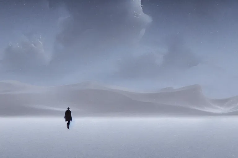 Image similar to a person walking across a snow covered field, landscape inspired by salvador dali, a matte painting by li shida, cgsociety, context art, redshift, matte painting, reimagined by industrial light and magic