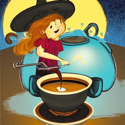 Prompt: an adorable kitchen witch brewing coffee in a cauldron, bokeh swirling steam, children's book illustration by Tony DiTerlizzi