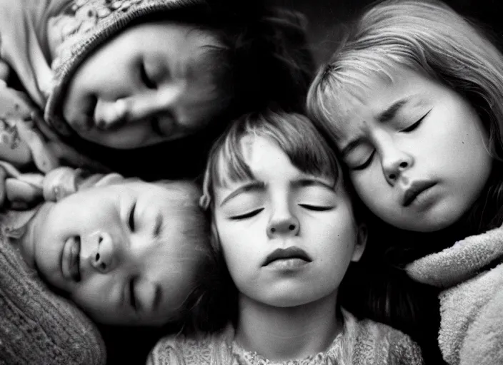 Image similar to high resolution black and white portrait with a 5 0 mm f / 1. 4 lens of russian children with their eyes closed in grief in 1 9 8 4.