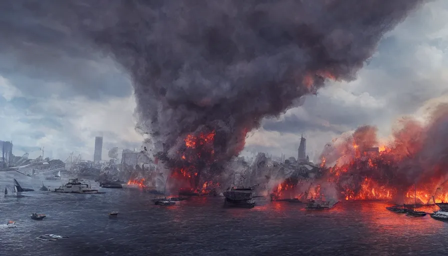 Image similar to tornado destroy marseille, fire, ashes and smoke columns, boats on the sea, hyperdetailed, artstation, cgsociety, 8 k