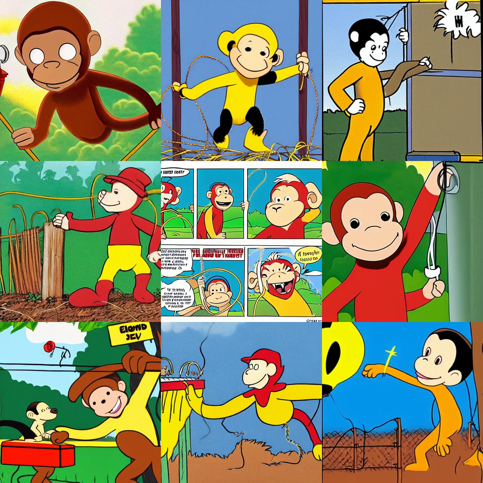 Prompt: curious george the monkey touching an electric fence and being electrocuted h. a. rey