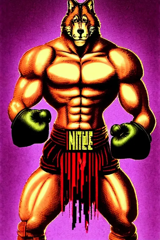 Image similar to extreme long shot. 8 bit nes graphics. antropomorphic muscular masculine wolf. kickboxer fighter, in shorts. wolf head. fine details, very sharp, art from nes game cartridge, 8 0's, vhs artefacts, vaporwave style, marc simonetti and hermann nitsch. contra