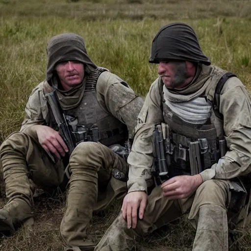 Prompt: British mercenaries wearing grey body armor smoking cigarettes in the aftermath of a bloody battle, photo by Lynsey Addario, Pulitzer Winning, cinematic composition, breathtaking, modern, 2022