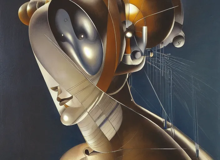 Image similar to a portrait headshot of sci fi metallic human, bright eyes, melancholic complex geometric figure liminal machinery by oskar schlemmer, moebius, john berkey, cinema grain, oil on canvas, portrait facial head, featured on artstation, hd wallpaper