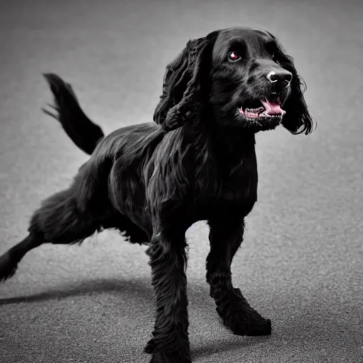 Prompt: an overexcited black cocker spaniel wagging her tail