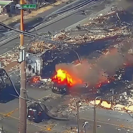 Image similar to bleve explosion, fireball, fireball explosion, 2 4 0 p footage, 2 0 0 6 youtube video, helicopter footage over city, gas station explosion