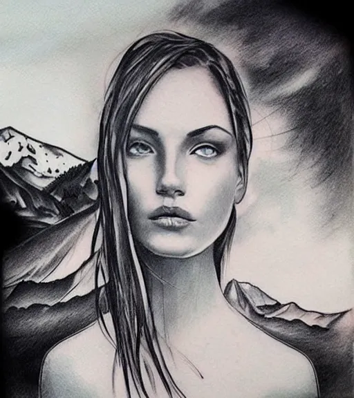 Image similar to tattoo design sketch of a beautiful blue - eyed woman face with a faded background of beautiful mountains and nature on her side, hyper - realistic, in the style of den yakovlev, amazing detail, black and white