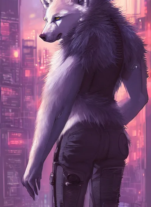 Image similar to award winning beautiful portrait commission of a male furry anthro albino wolf fursona with a tail and a cute beautiful attractive detailed furry face wearing stylish black and orange cyberpunk biker clothes in a cyberpunk city at night while it rains. Character design by charlie bowater, ross tran, artgerm, and makoto shinkai, detailed, inked, western comic book art