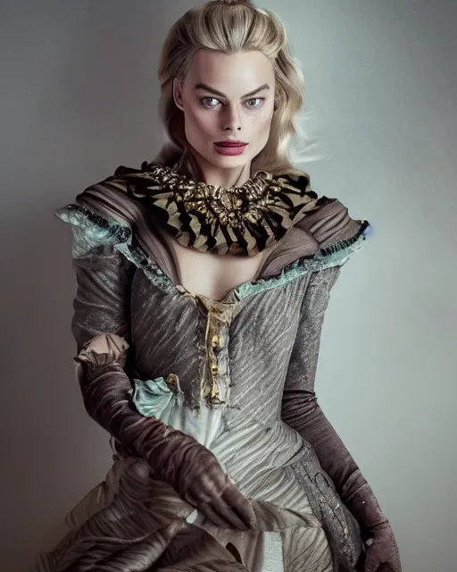 Prompt: Margot Robbie as milady de winter, styling by Tom Eerebout & Sandra Amador, clear makeup, clean hair, dry skin, clear skin, airbrushed, bright eye makeup, warrior body, photo by mario testino, 8k octane render, cinematic, hyper detailed, micro details, insanely detailed, trending on artstation, concept art