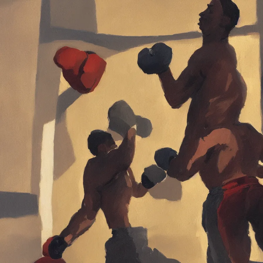 Image similar to a portrait of of boxing man, in the style of edward hopper, in the style of max ginsburg, realism, very small brushstrokes, cinematic lighting, moody, very aesthetic, 4 k,