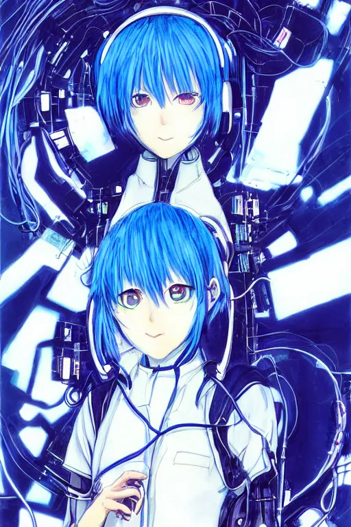 Image similar to beautiful coherent award-winning manga cover art of a mysterious lonely blue-haired anime girl wearing a plugsuit, serial experiments lain, neon genesis evnagelion, painted by tsutomu nihei