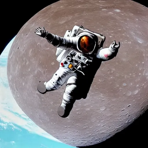 Image similar to An astronaut on the moon without his helmet eating garlic bread with knife and fork on top of a red table and earth in the background,oil painting