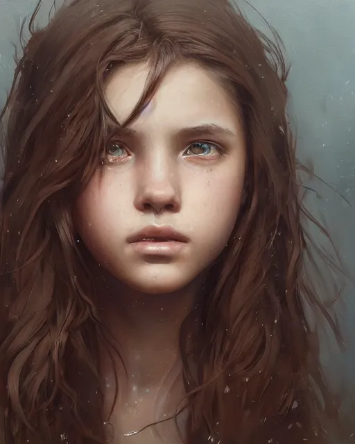 Image similar to portrait of 1 5 - year - old girl with thick brown hair, large front teeth, and bright piercing brown eyes, hyper realistic face, beautiful eyes, fantasy art, in the style of greg rutkowski, intricate, hyper detailed, smooth