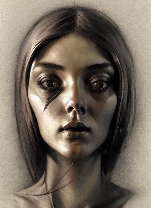 Prompt: charcoal painting of a girl sculpture, facing sideways, distorted, abstract, creepy, fine details, intricate, elegant, highly detailed, ray tracing, digital painting, artstation, concept art, art by artgerm and greg rutkowski and alphonse mucha, 8 k