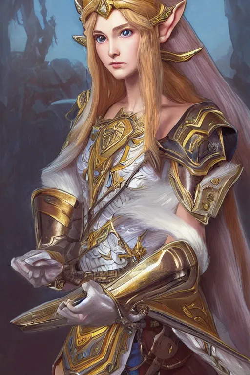 Image similar to portrait of Princess Zelda in armor, D&D, fantasy, intricate, elegant, highly detailed, digital painting, artstation, concept art, smooth, sharp focus, illustration, art by artgerm and greg rutkowski and alphonse mucha