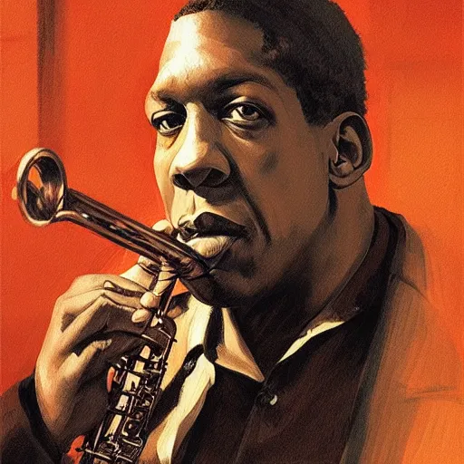 Prompt: john coltrane as a severe tall giant playing at a dark jazz cafe in paris 1 9 5 6, intricate, elegant, highly detailed, digital painting, artstation, concept art, smooth, sharp focus, illustration, art by wlop, mars ravelo and greg rutkowski