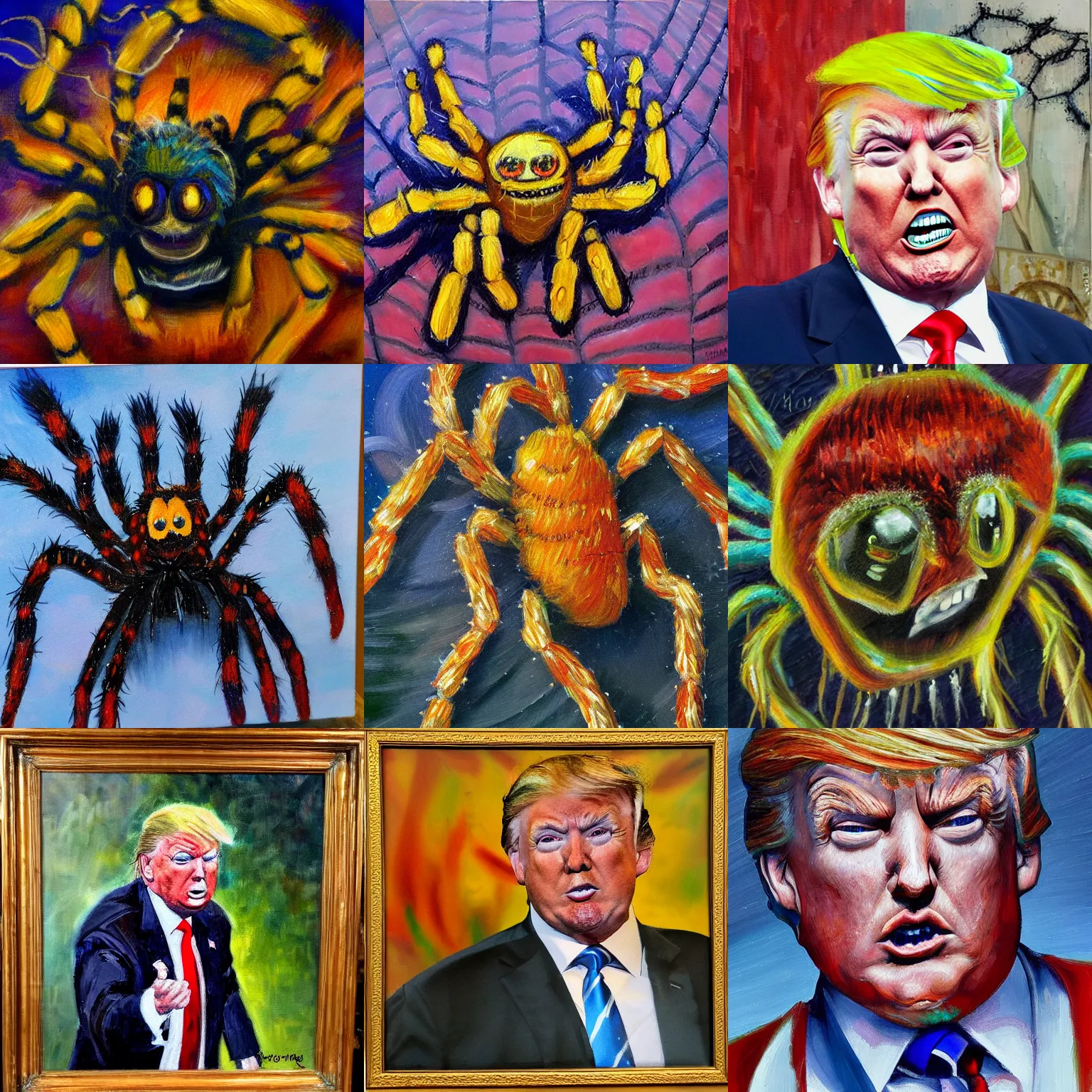 Prompt: impressionist oil painting of a hybrid donald trump spider