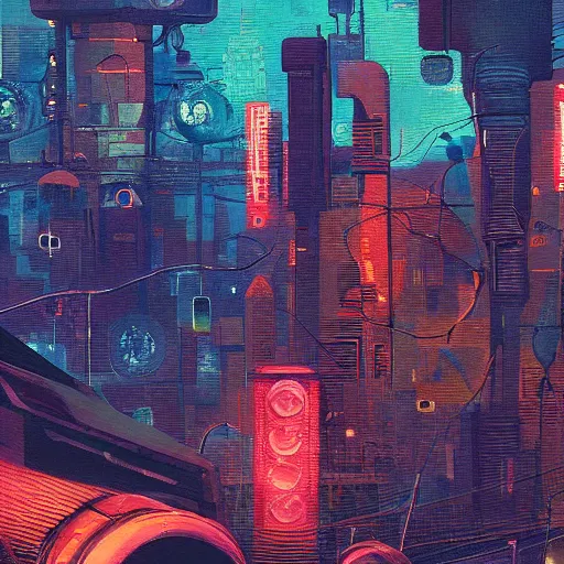 Prompt: 4 0 1 1 6 7 1 9 2 4 a graph style gauche impasto, sad, steampunk, cyberpunk art by james gilleard, city depth of field, cgsociety, retrofuturism, synthwave, retrowave, outrun, paint, high detail.