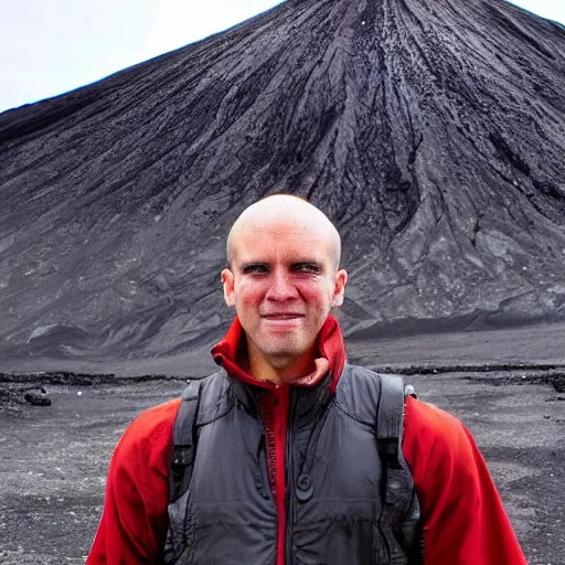 Prompt: mr freeze standing near a volcano, photography,