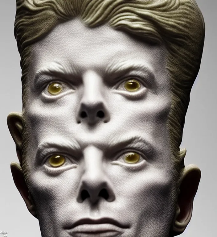 Image similar to David Bowie , A Close up photo-real delicate ceramic porcelain sculpture of a symmetrical ornate detailed in front of an intricate background by Victo Ngai and takato yamamoto, micro detail, backlit lighting, face in focus, subsurface scattering, translucent, thin porcelain, octane renderer, colorful, physically based rendering, japanese pottery, trending on cgsociety