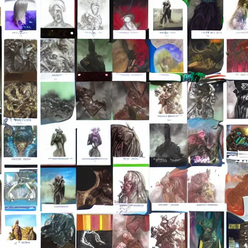 Image similar to a discord channel full of people making prompts for stable diffusion, various artworks, many artworks, timeline screenshot, busy