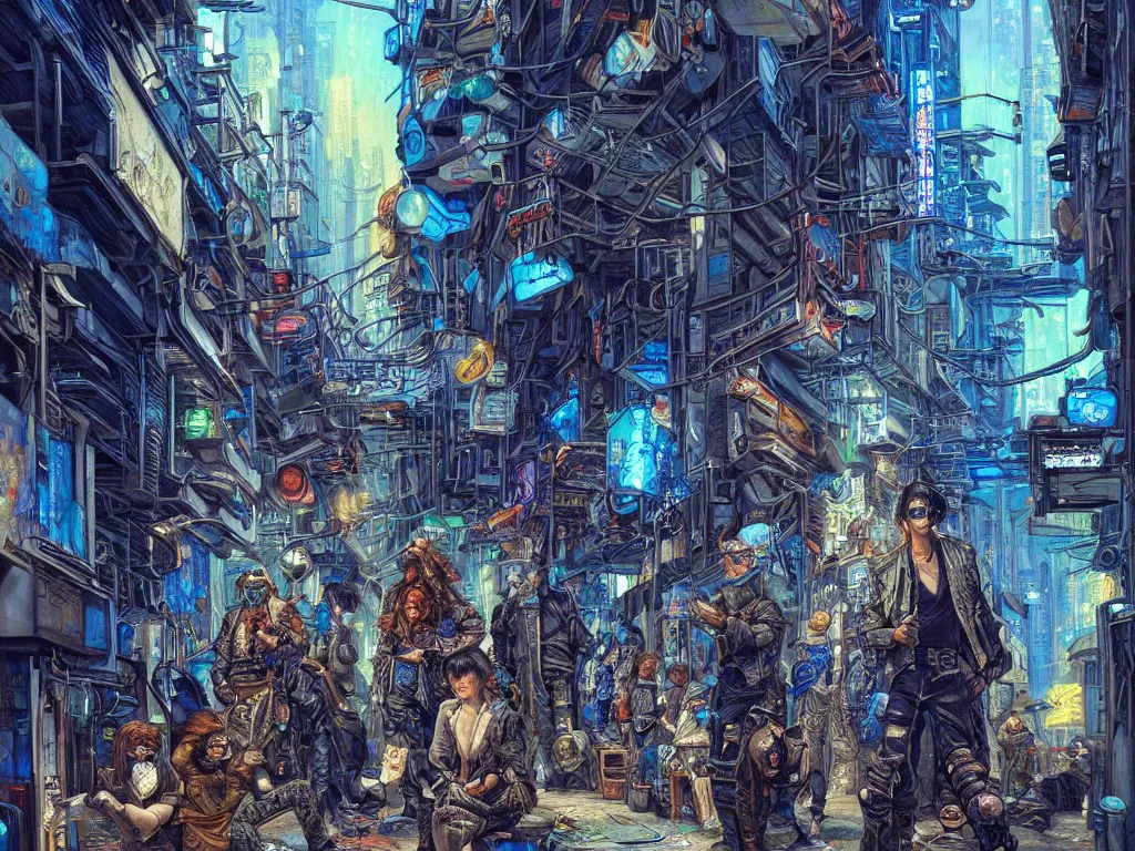 Image similar to a cyberpunk gang in the alleyway between buildings, graffiti, fine detail, intricate, polished, smooth, ultradetailed, blue color scheme, digital art, illustration, impressionist, by john smith and noriyoshi ohrai