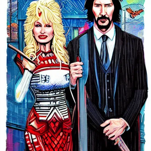 Prompt: American Gothic, with Keanu Reeves and Dolly Parton, by MARVEL comics and Sandra Chevrier