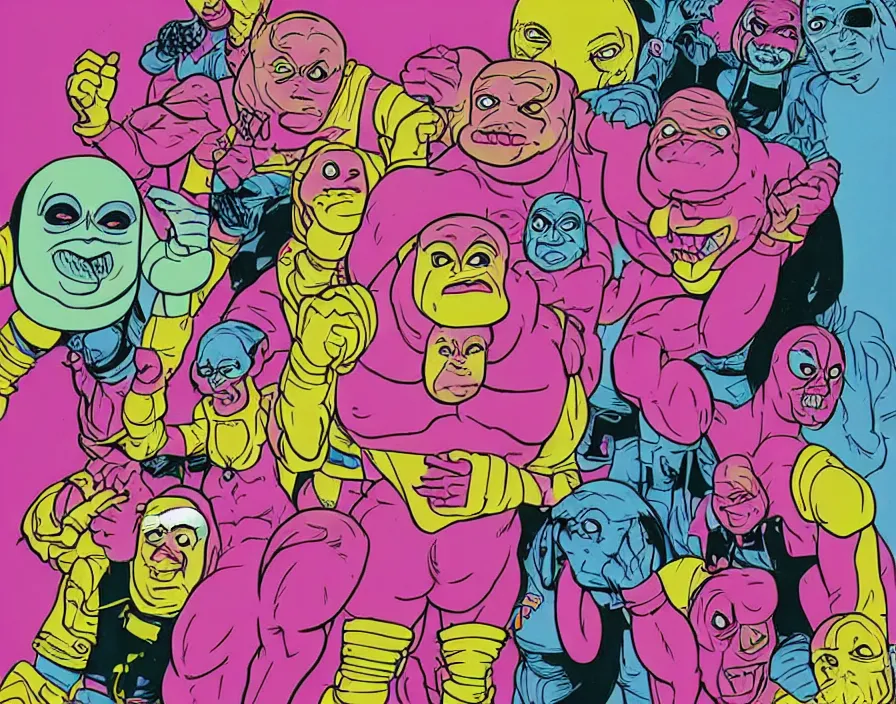 Image similar to krang 1980s pop band, surrealism aesthetic, detailed facial expressions