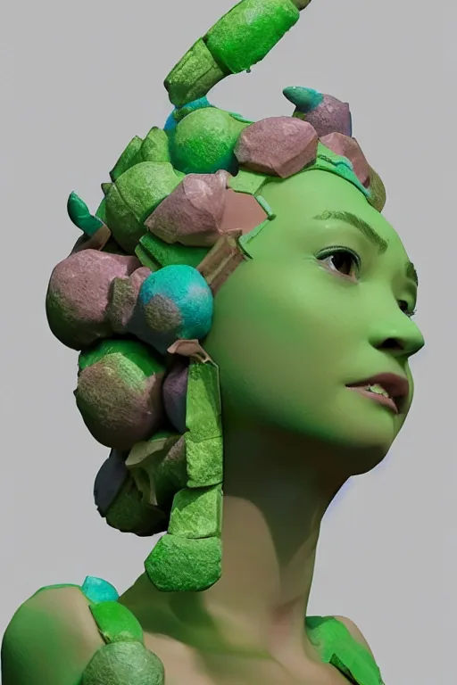 Image similar to epic 3 d sculpture of trans model, porcelain headdress, 2 0 mm, with pastel yellow and pastel green hextech bursting, perlin noise melting into bulbasaur, delicate, beautiful, intricate, houdini sidefx, artstation, by jeremy mann and ilya kuvshinov, jamie hewlett and ayami kojima