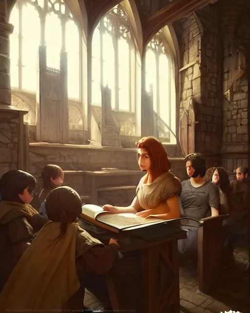 Image similar to middle ages lecture, old teacher speaks to young students | | realistic shaded, fine details, realistic shaded lighting poster by greg rutkowski, diego gisbert llorens, magali villeneuve, artgerm, jeremy lipkin and rob rey