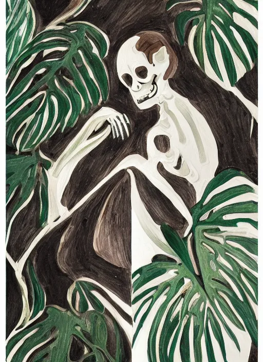 Image similar to a womans face in profile made of monstera leaves skeleton in the style of the dutch masters